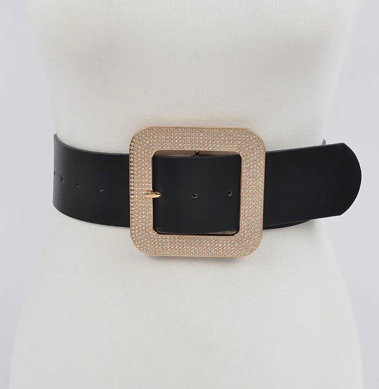 Rhinestone Square Buckle PLUS Size Belt - black