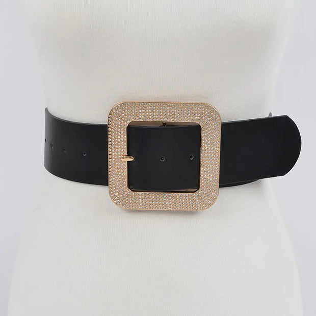 Rhinestone Square Buckle PLUS Size Belt - black