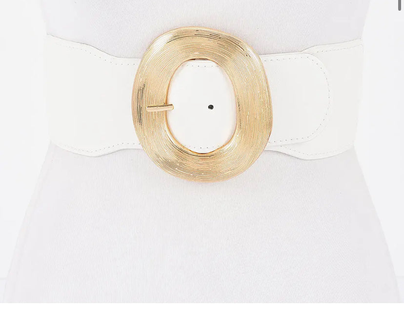 Metal Buckle White Stretch Belt