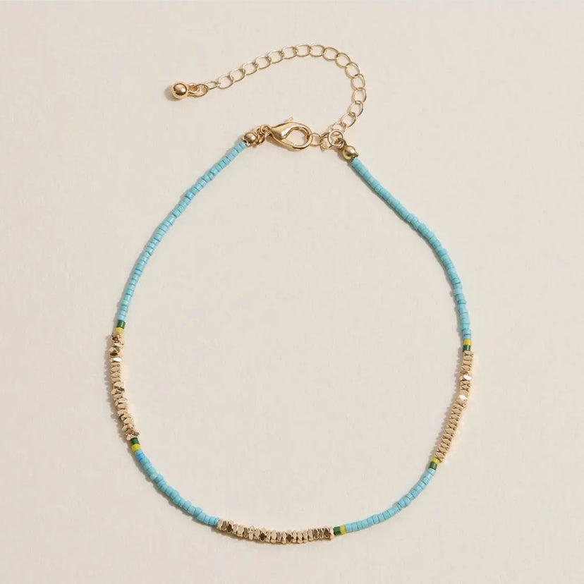 Colorful Bead Anklet with Gold Toned Accents (blue)