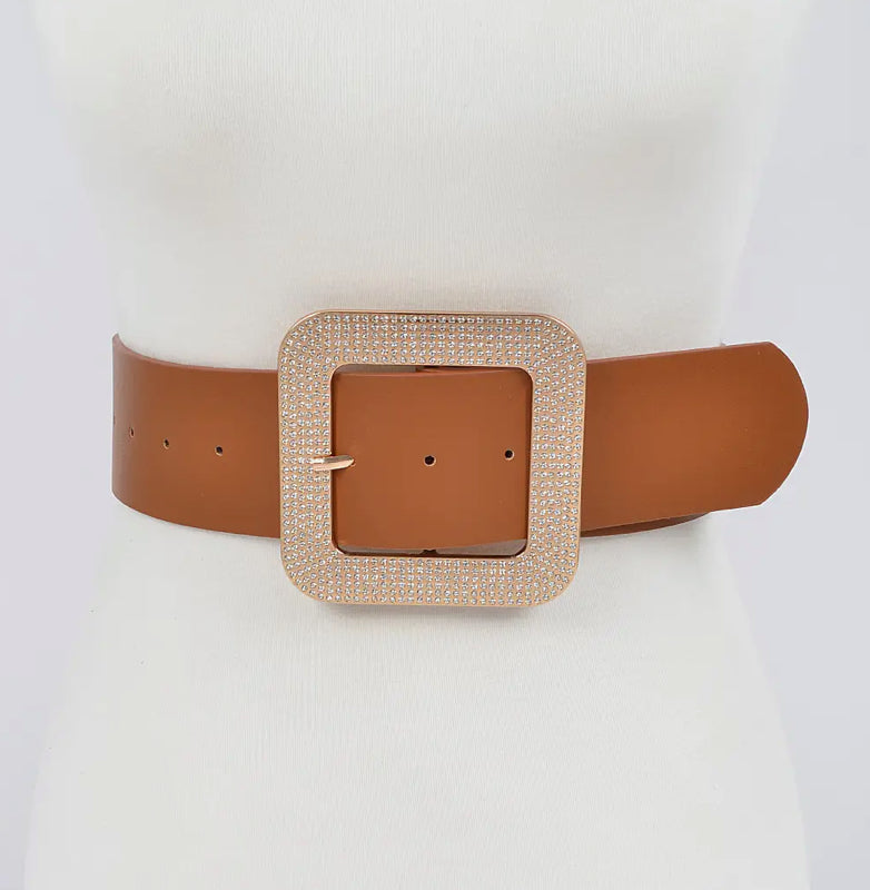 Rhinestone Square Buckle PLUS Size Belt - brown
