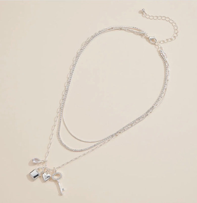 Layered Necklace with Lock, Heart and Key Charms