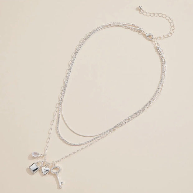 Layered Necklace with Lock, Heart and Key Charms
