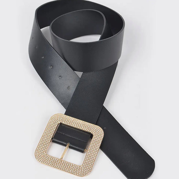 Rhinestone Square Buckle PLUS Size Belt - black