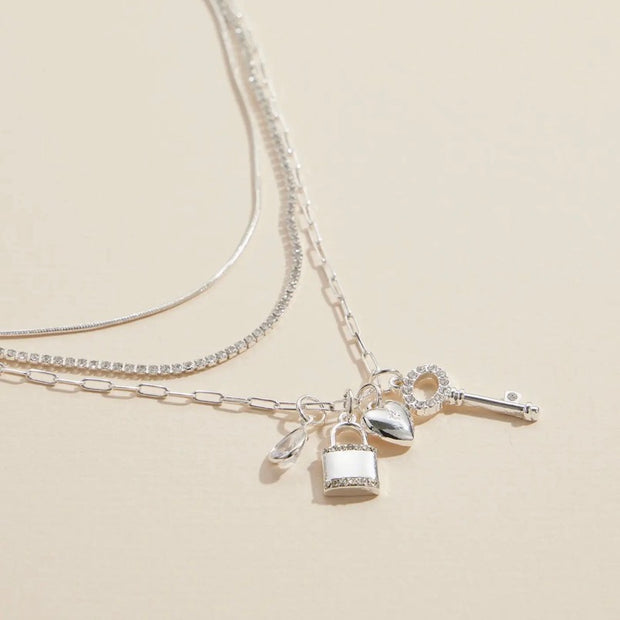 Layered Necklace with Lock, Heart and Key Charms