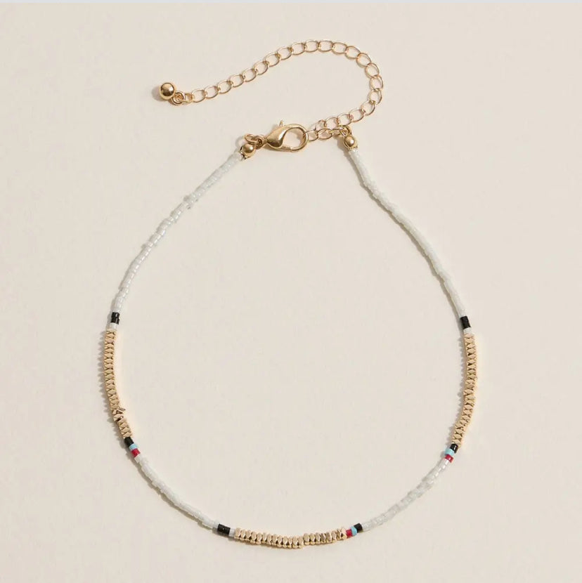 Colorful Bead Anklet with Gold Toned Accents (white)